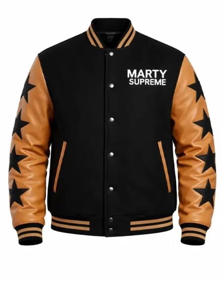 Marty Supreme Mens Black and Brown Stars Varsity Jacket