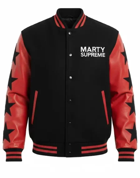 Marty Supreme Mens Black and Red Stars Varsity Jacket