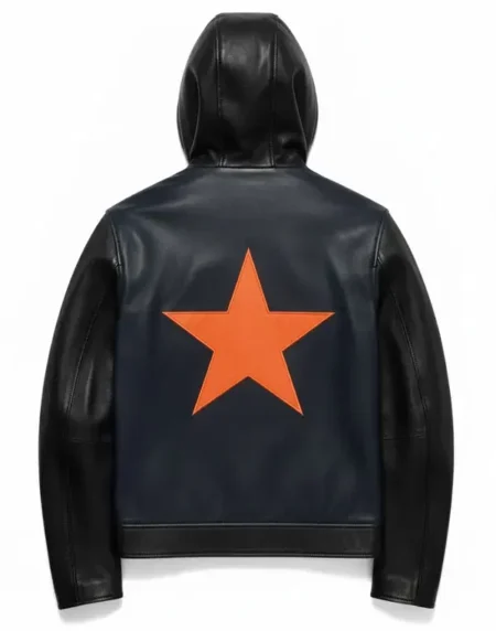 Marty Supreme Navy Hooded Leather Jacket Back
