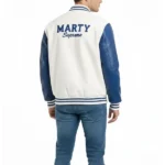 Marty Supreme White And Blue Varsity Jacket Back
