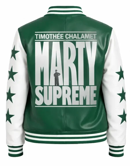 Marty Supreme Womens White and Green Varsity Jacket Back